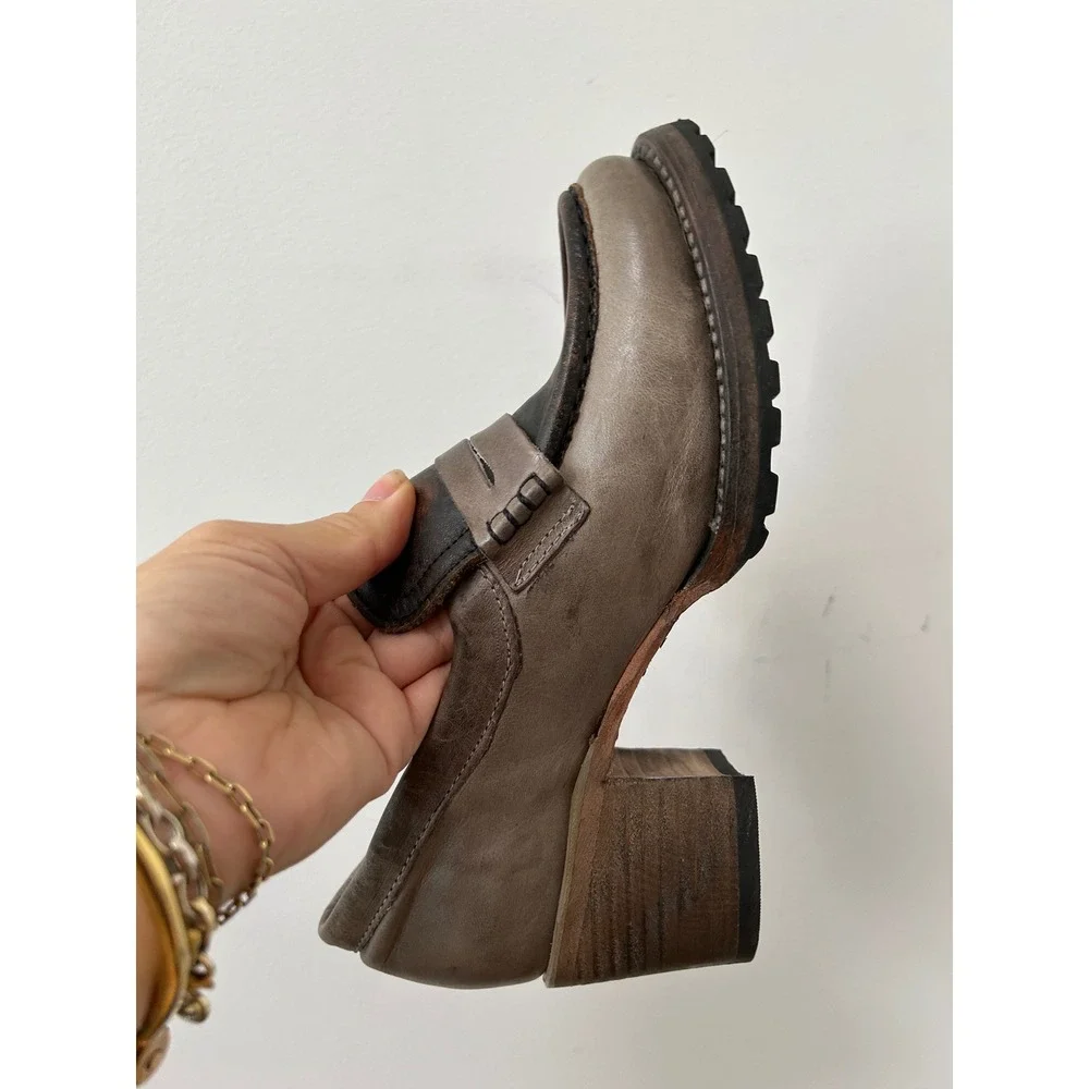 Freebird by Steven Bristol Penny Loafer Block Heels Women 7 Grey Brown Leather